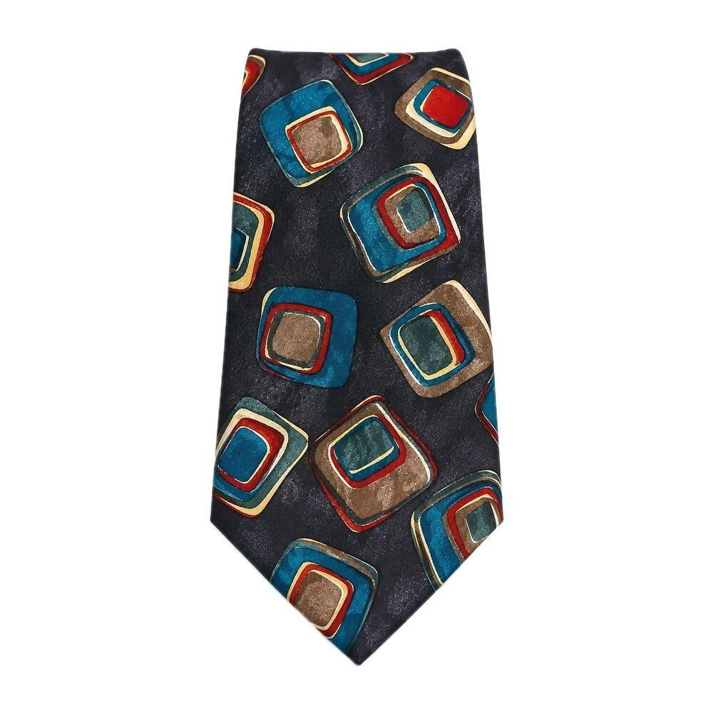 Bugle Boy USA Abstract Geometric Necktie Navy Blue Red Retro Polyester Tie 60x4"